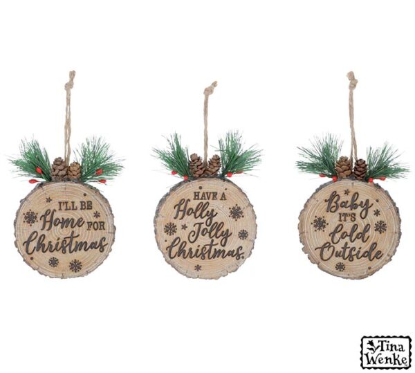 9742589 CHRISTMAS MSGS ON WOODLIKE DISC ORNAMENT
