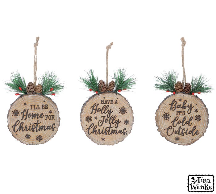9742589 CHRISTMAS MSGS ON WOODLIKE DISC ORNAMENT