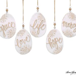 9743854 EGG SHAPE LACE PRINT MESSAGE ORNAMENTS | Set of 5