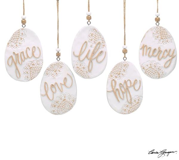9743854 EGG SHAPE LACE PRINT MESSAGE ORNAMENTS | Set of 5