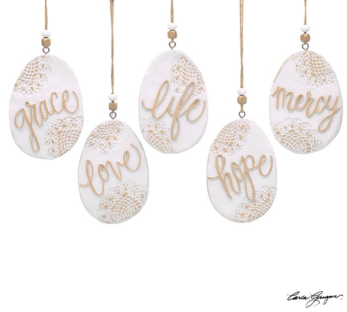 EGG SHAPE LACE PRINT MESSAGE ORNAMENTS | Set of 5