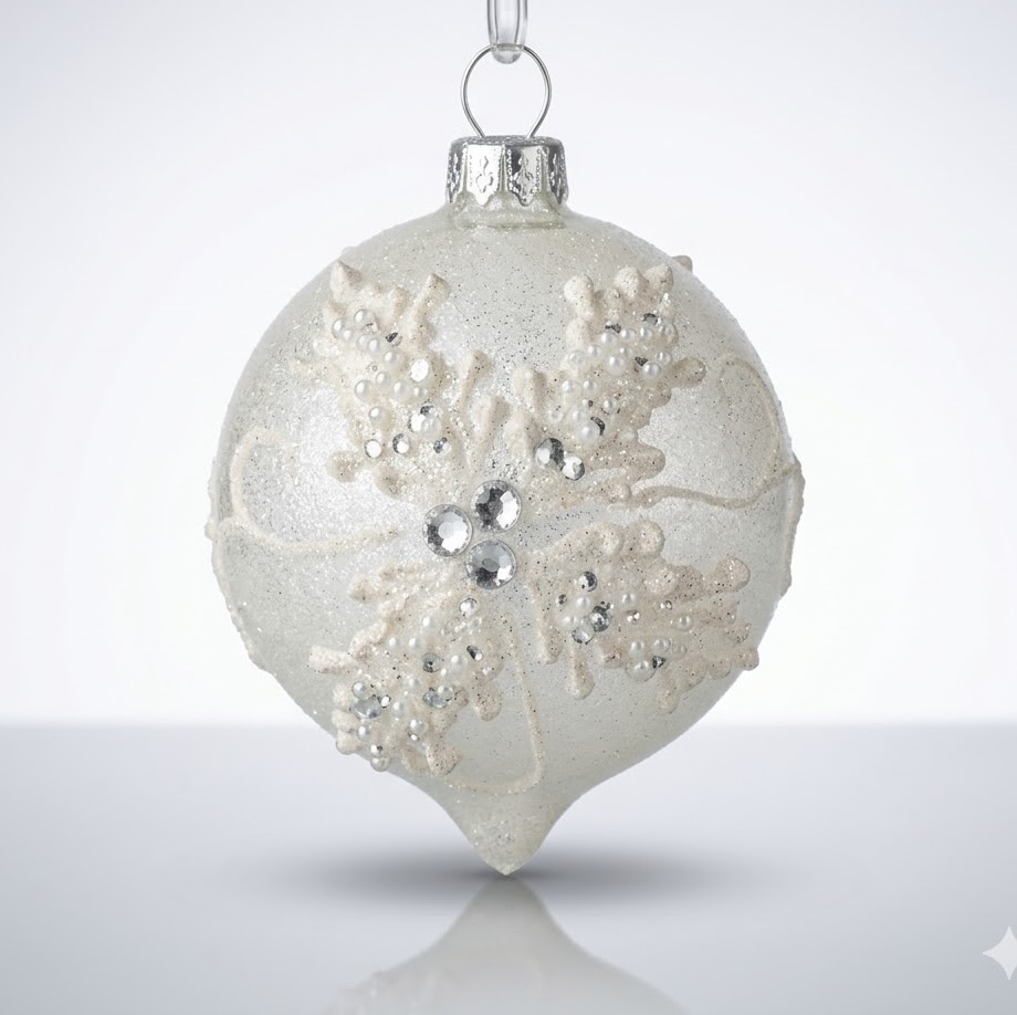 4 6" wht jewel holly ball fnlglass orn