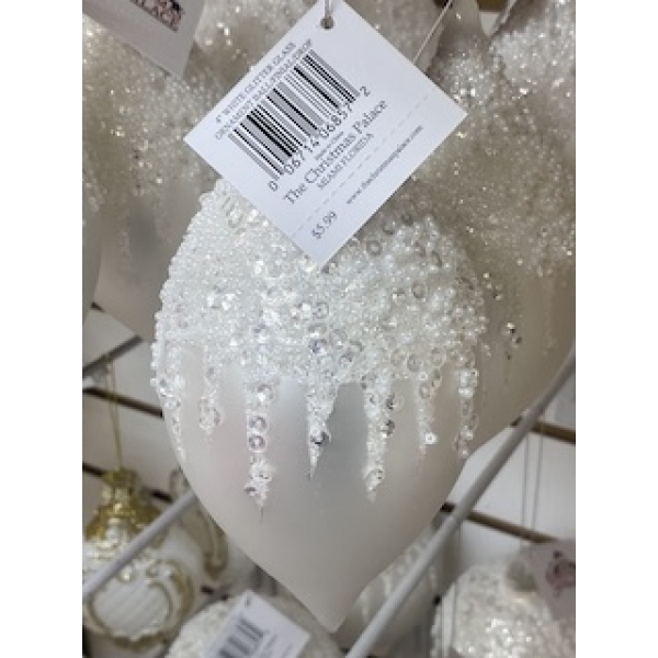 4' WHITE GLITT GLASS ORNBALL/FINIAL/DROP
