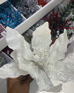 12" WHITE GLITTER POINSETTIA