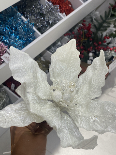 12" WHITE GLITTER POINSETTIA