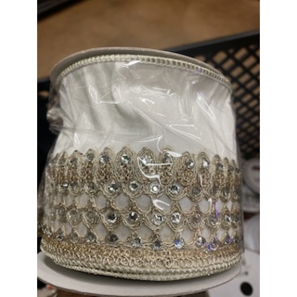 4" x 5YD One Sided Beaded Trim Dupion Ribbon