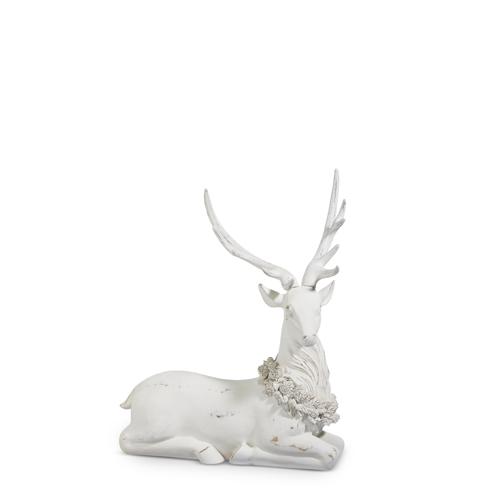 White Laying Deer with Holly Wreath 29"