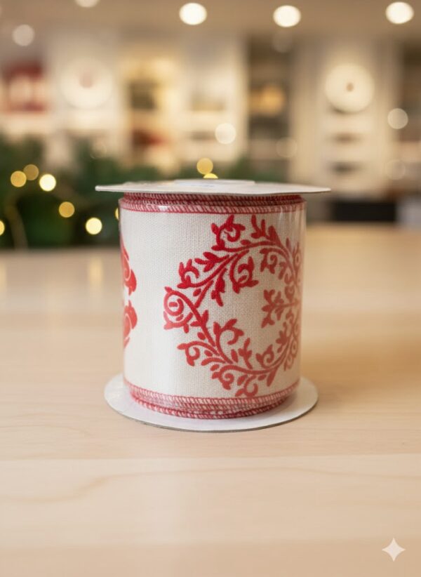 Cream-colored ribbon with  red embroidered pattern.
